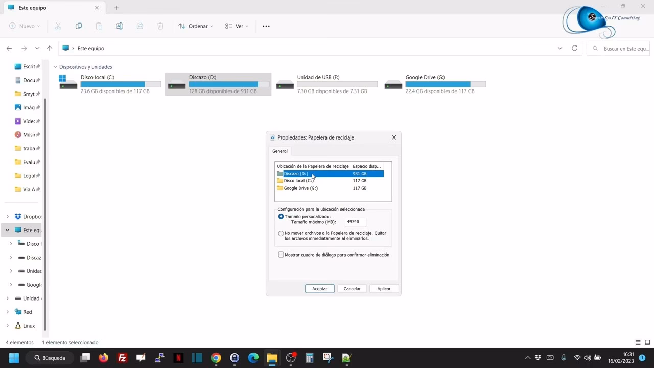 ¿Cómo afecta el tamaño de la Papelera de reciclaje al rendimiento del equipo?
