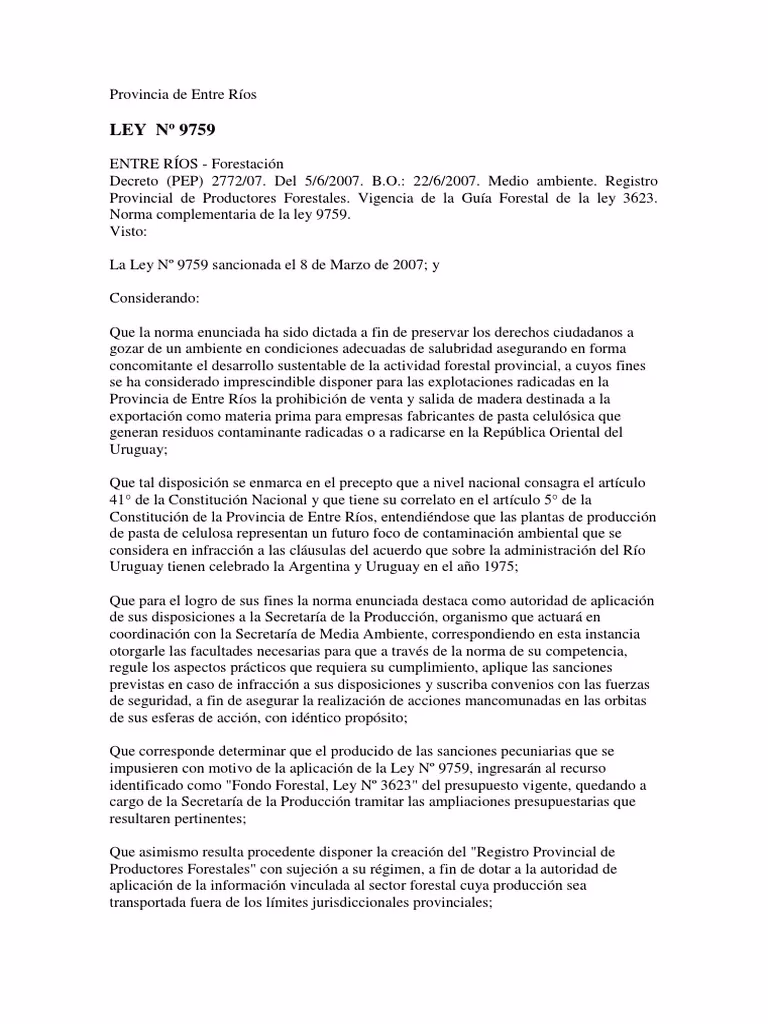 ¿Qué establece la Ley ambiental de la provincia de Entre Ríos?