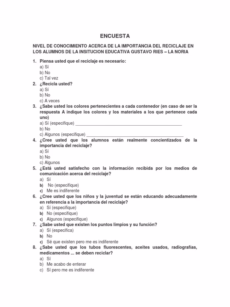¿Qué son las preguntas cerradas en una encuesta sobre el reciclaje?