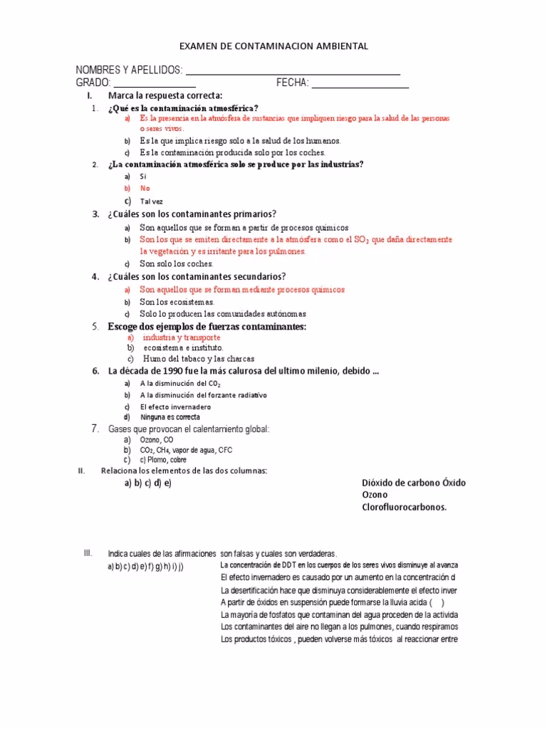 ¿Cuáles son los temas de la evaluación práctica de los problemas de contaminación del Medio Ambiente?