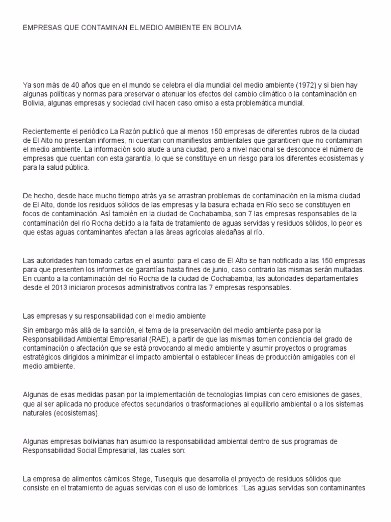 ¿Cuál es la contaminación ambiental de Bolivia?