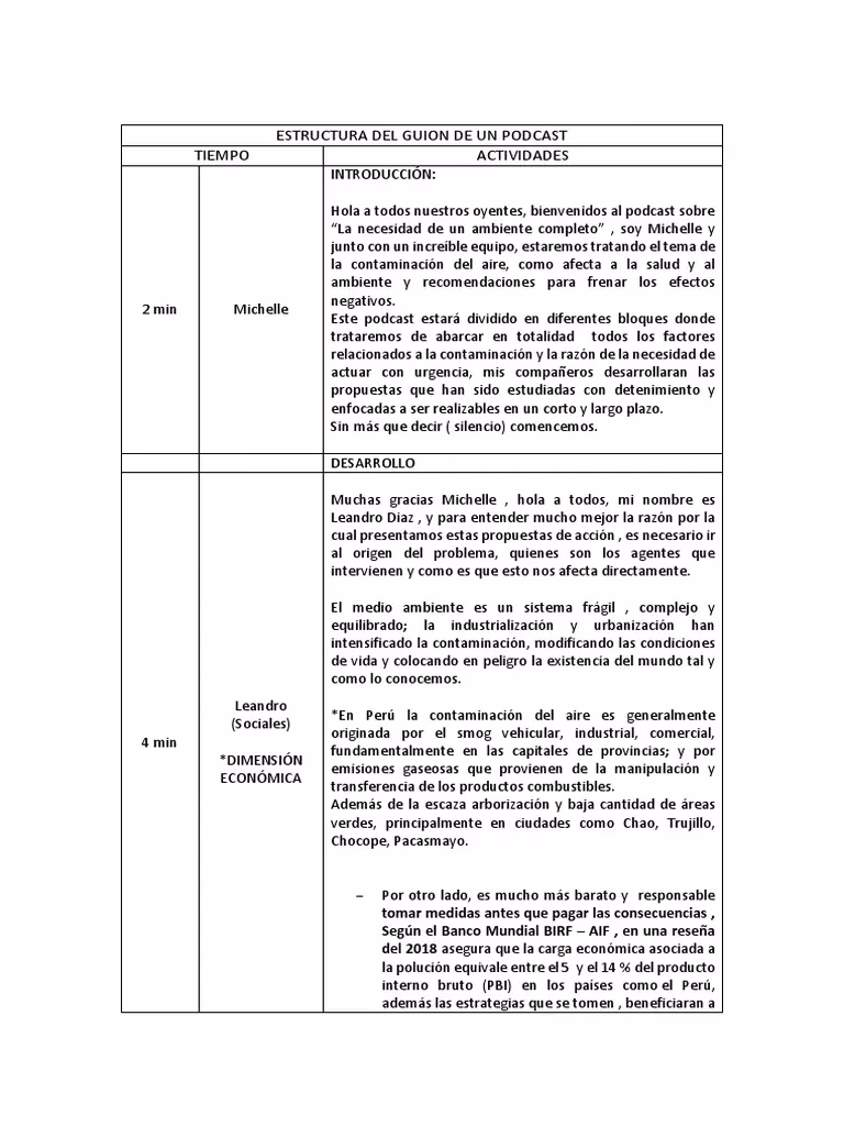 ¿Qué elementos debe incluir un guion de podcast en PDF?