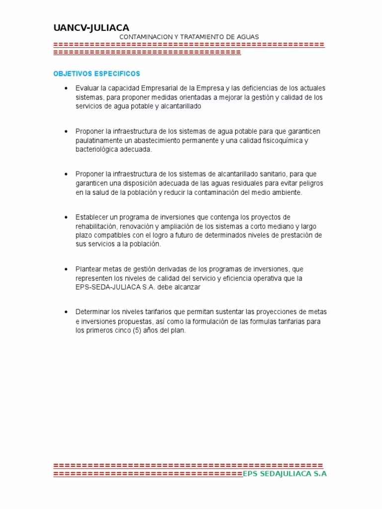 ¿Cuáles son los objetivos del plan de contaminación y tratamento de aguas?