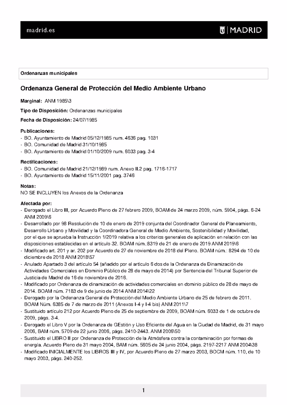 ¿Cuáles son los anexos de la Ordenanza de protección contra la contaminación?