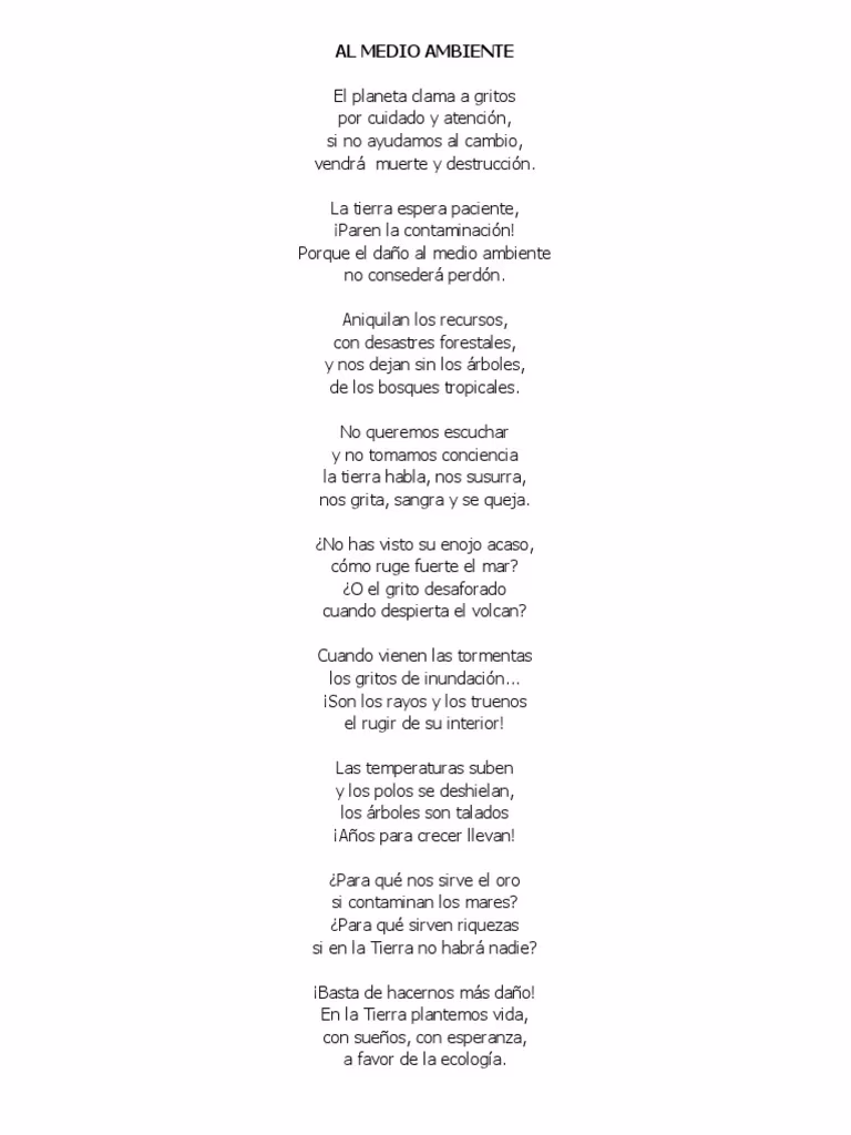 ¿Cuáles son los ejemplos de poemas sobre el cuidado del Medio Ambiente?